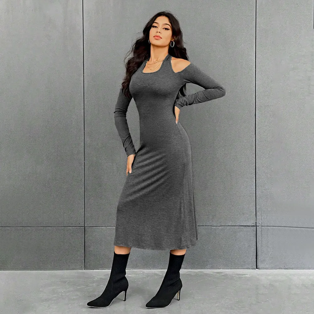 Women's Simple Halter High-Waisted Slim Fit Solid Color Dress