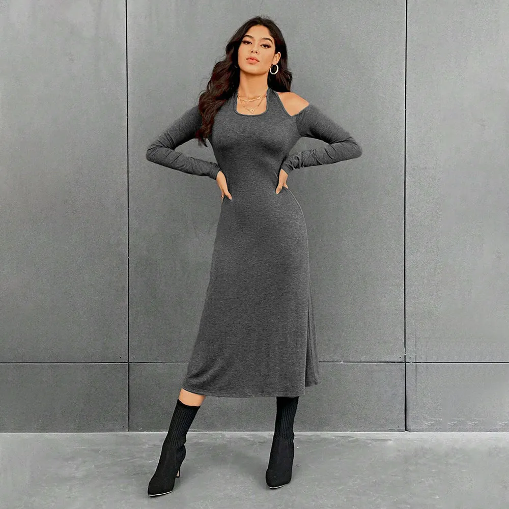Women's Simple Halter High-Waisted Slim Fit Solid Color Dress