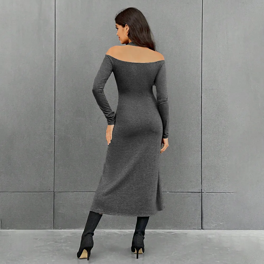 Women's Simple Halter High-Waisted Slim Fit Solid Color Dress
